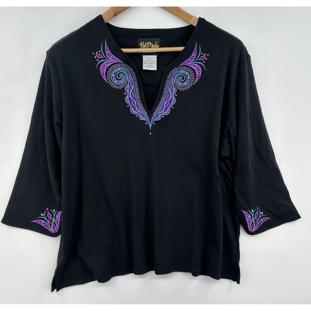 Bob Mackie Black Purple Embroidered Wearable Art 3/4 Sleeve Top Women's  1XL